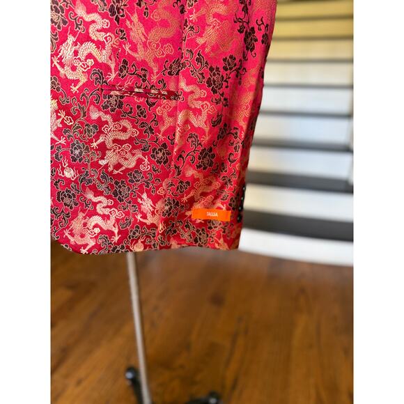 Men's Slim Fit Dragon Red Satin Blazer Dinner Jacket Modern Hipster StreetWear - Picture 4 of 11